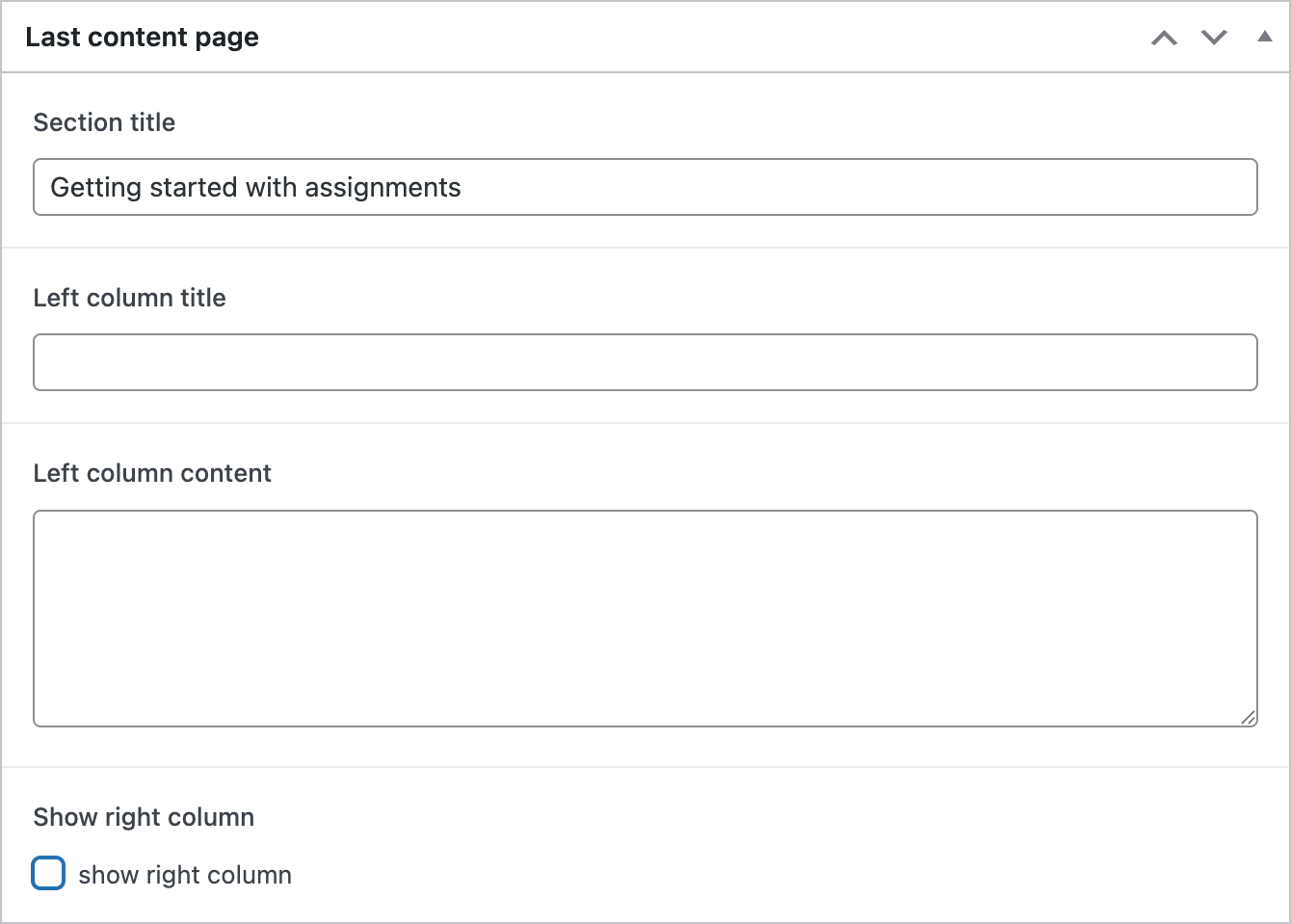 Panel titled Last content page, features input fields for section title, left column title and left column content