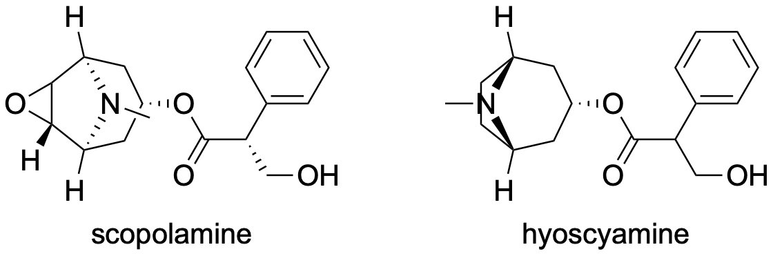 Chemical structures of scopolamine and hyoscyamine side by side