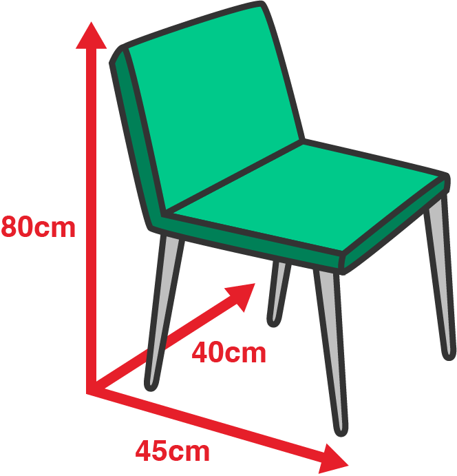 A green chair showing measurements: height 80cm, width 40cm, depth 45cm
