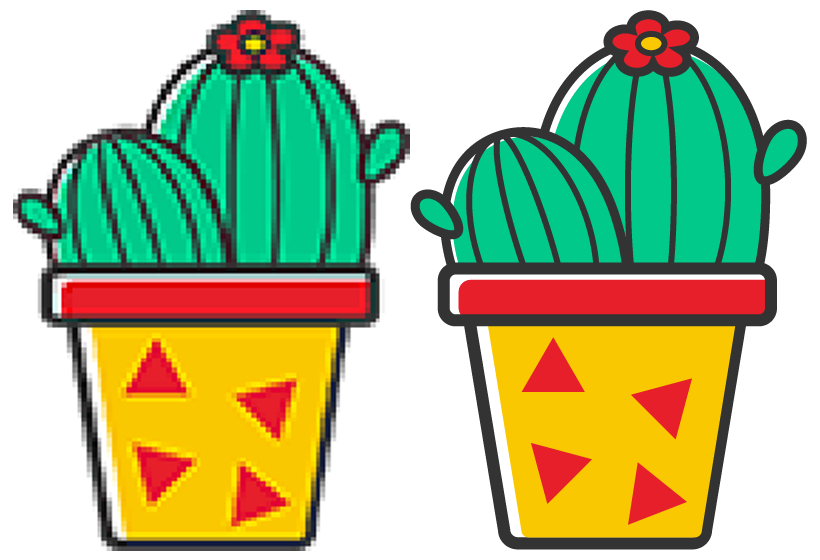 A low quality illustration of a cactus with blurred lines next to a high quality illustration of the same cactus