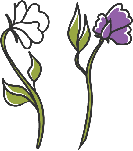 A purple flower and a white flower.