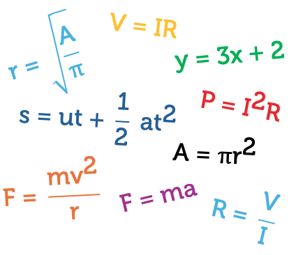 Some examples of algebraic equations, like V equals I times R, and y equals 3x plus 2.