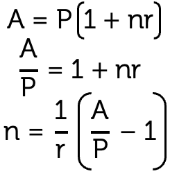 An example of transposing an algebraic formula containing brackets. A equals 1 plus nr all multiplied by P is rearranged in terms of n, where n equals 1 over p times open bracket, A divided by P minus 1, close bracket.