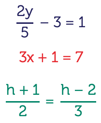 Three examples of linear equations. The first equation is 3 times x plus 1 equals 7. The second equation is 2y over 5 minus 3 equals 1. The third equation is h plus 1 over by 2 equals h minus 2 over by 3.