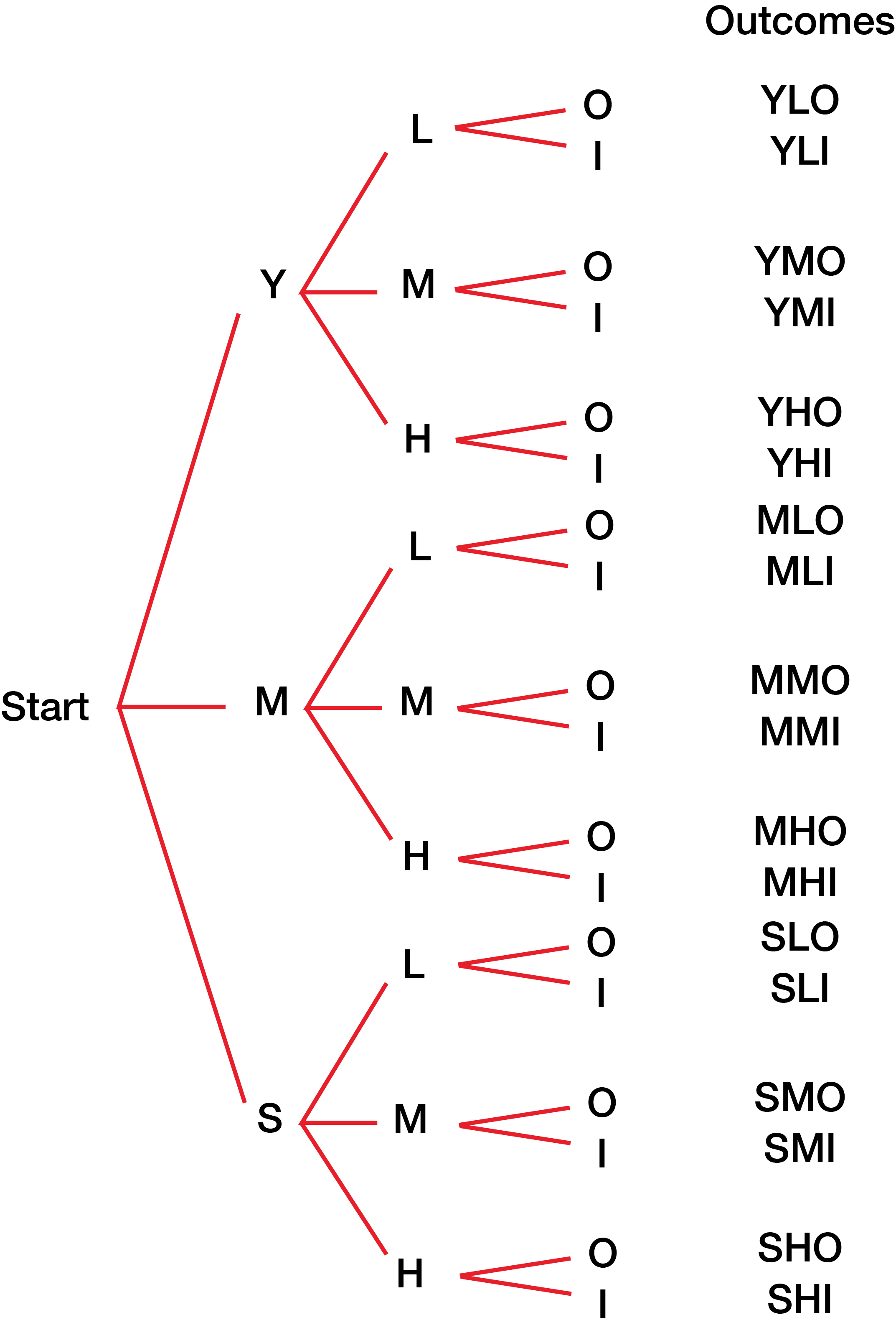 Tree diagram showing sample space for customer demographics. The outcomes are: YLO, YLI, YMO, YMI, YHO, YHI, MLO, MLI, MMO, MMI, MHO, MHI, SLO, SLI, SMO, SMI, SHO and SHI.