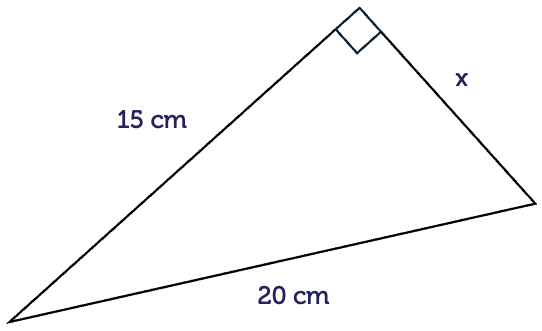 A right-angled triangle with a hypotenuse of length 20 centimetres. One of the other sides is 15 centimetres long and the third side with an unknown length is labelled x.