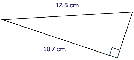 A right-angled triangle with a hypotenuse of length 12.5 centimetres. One of the shorter sides is 10.7 centimetres. The last side length is unknown.