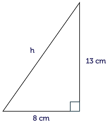 A right-angled triangle with the hypotenuse labelled as h and the other two sides of length 13 centimetres and 8 centimetres.