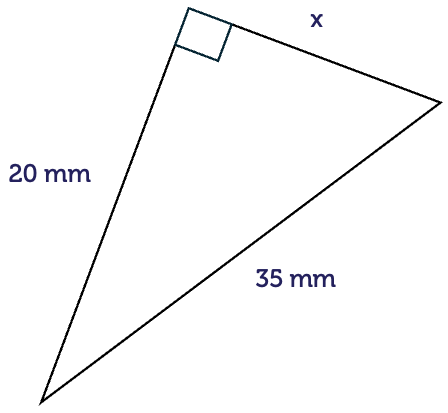 A right-angled triangle with hypotenuse 35 millimetres, another side 20 millimetres and the third side is labelled x.