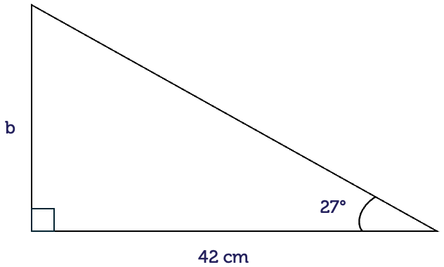 A right-angled triangle with an angle of 27 degrees. The adjacent side is 42 centimetres long and the opposite side is labelled b.