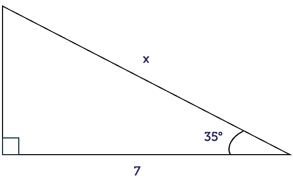 A right-angled triangle with an angle of 35 degrees, an adjacent side of 7 and hypotenuse labelled x.