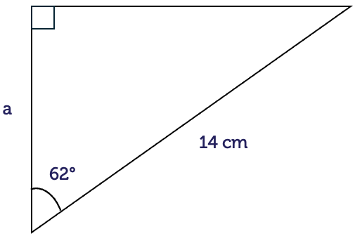 A right-angled triangle with an angle of 62 degrees. The hypotenuse is 14 centimetres and the side adjacent to the angle of 62 degrees is labelled a.