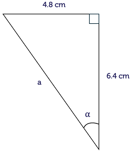 A right-angled triangle with an angle labelled alpha. The hypotenuse is labelled z, the adjacent side is 6.4 centimetres and the opposite side is 4.8 centimetres.