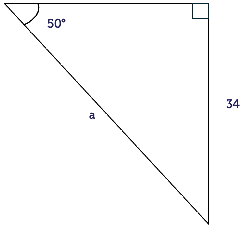 A right-angled triangle with an angle of 50 degrees. The hypotenuse is labelled a and the opposite side is 34 units long.