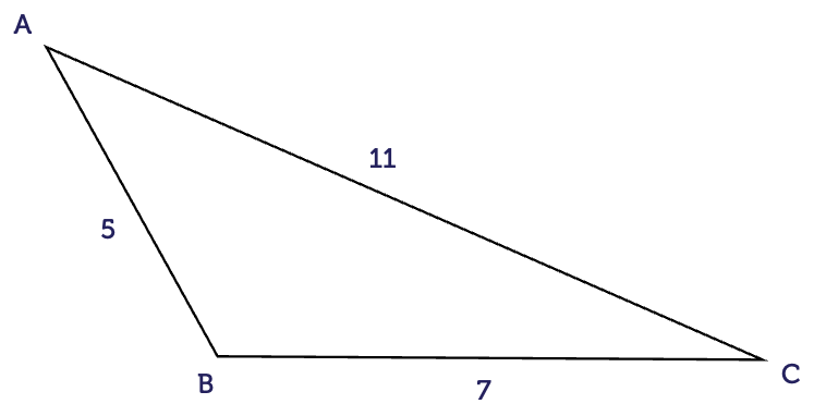 Triangle with internal angles A, B and C. Length of sides opposite these angles are 5, 11 and 7, respectively.