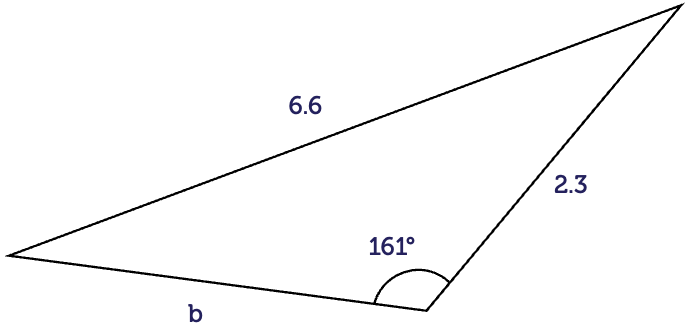 Triangle with internal angle of 161 degrees. Length of side opposite this angle is 6.6. Other sides are of length b and 2.3.