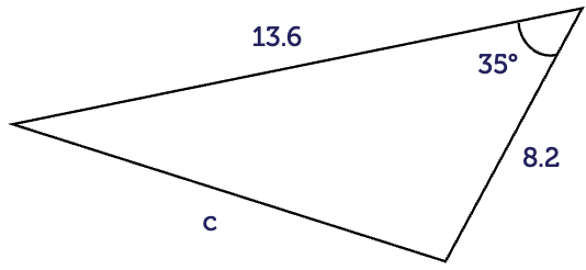 Triangle with internal angle of 35 degrees. Side opposite this angle is c. Top side length is 13.6. Length of remaining side is 8.2.