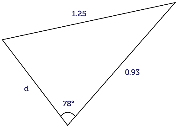 Triangle with internal angle of 78 degrees. Opposite side is of length 1.25. Left-hand side length is d. Right-hand side length is 0.93.