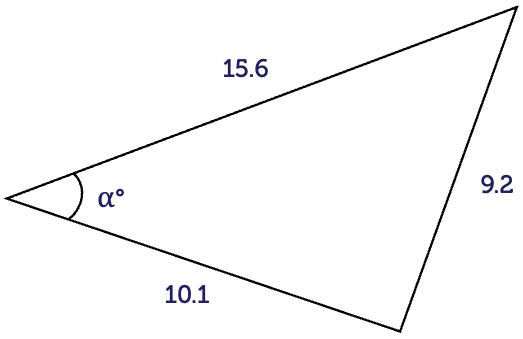 Triangle with internal angle of alpha degrees. Opposite side is of length 9.2. Top side is of length 15.6. Bottom side is of length 10.1.