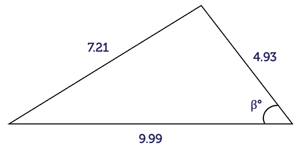 Triangle with internal angle of beta degrees. Opposite side has length 7.21. Right-hand side has length 4.93. Lower side has length 9.99.