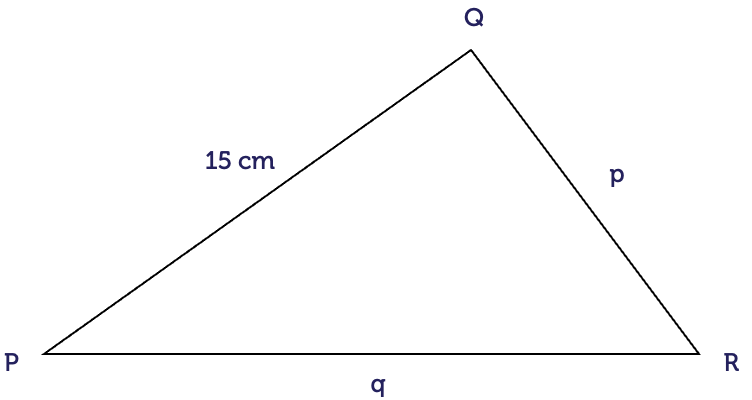 A triangle with sides p, q and r where r equals 15 centimetres, and opposite angles capital P, capital Q and capital R, where angle P is 70 degrees and angle R is 30 degrees.