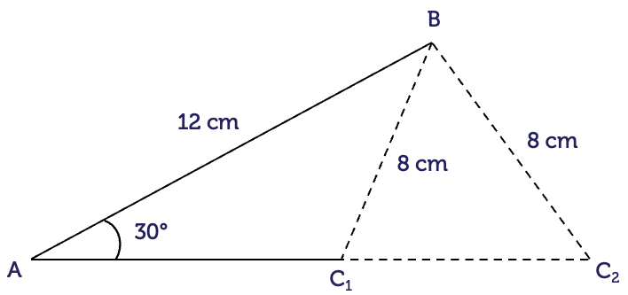 Two triangles that share corners A and B. Side AB is 12 centimetres long. The final corner of the triangles differs with one labelled C1 and the other, C2. Side BC2 is 8 centimetres long and side BC1 is 8 centimetres long. Sides AC1 and AC2 are different lengths. In both cases, angle A is 30 degrees, but for triangle ABC2, the angle B is acute. In triangle ABC1, angle B is obtuse.