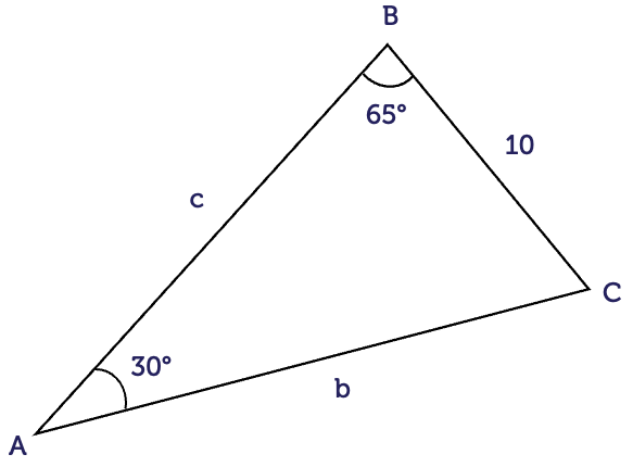 A triangle with sides a, b and c opposite the angles capital A, capital B and capital C, respectively.. Side a has a length of 10. Angle capital A equals 30 degrees, angle capital B equals 65 degrees and angle capital C is unknown.