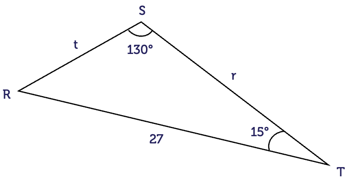 A triangle with sides r, s and t opposite the angles capital R, capital S and capital T, respectively. Side s has a length of 27. Angle capital S is 130 degrees, angle capital T is 15 degrees and angle capital R is unknown.