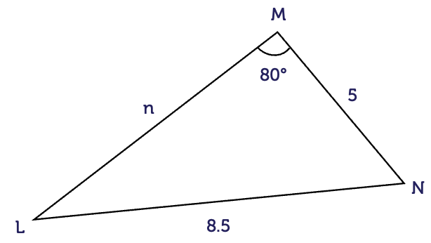 A triangle with sides l, m and n opposite the angles capital L, capital M and capital N, respectively. Side l has a length of 5, side m has a length of 8.5, and angle M is 80 degrees.