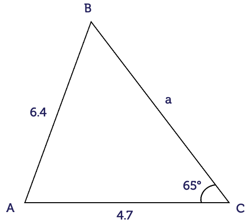 A triangle with sides a, b and c opposite to angles capital A, capital B and capital C, respectively. Side b has a length of 4.7, side c has a length of 6.4, and angle C is 65 degrees.