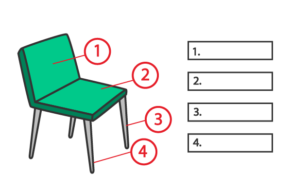 A green chair with with specific parts labelled 1-4. Next to the chair are answer boxes labelled 1-4.