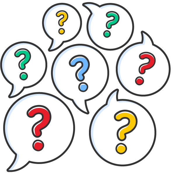 A number of colourful question marks in speech bubbles.