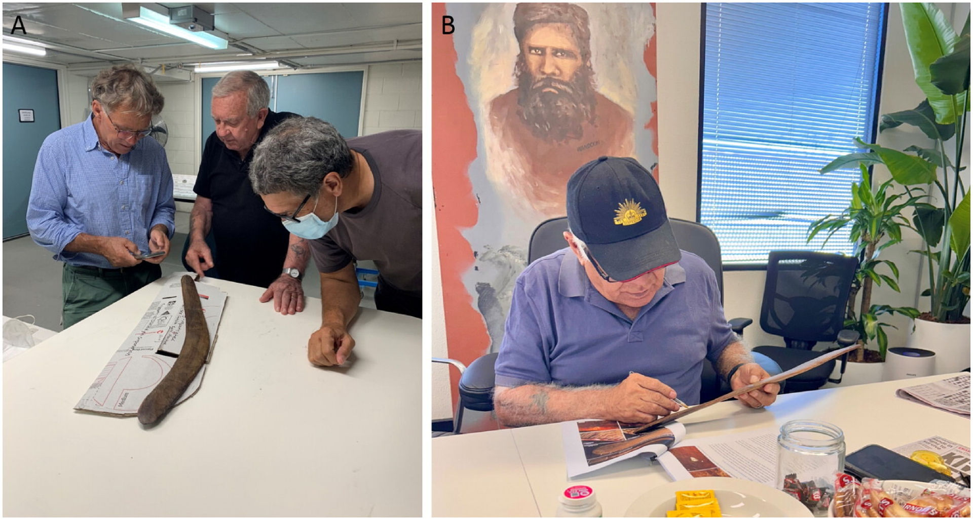 Richard Fullagar with Wurundjeri Woi-wurrung Elders Ron Jones, Bob Mullins and Allan Wandin studying the wangim.