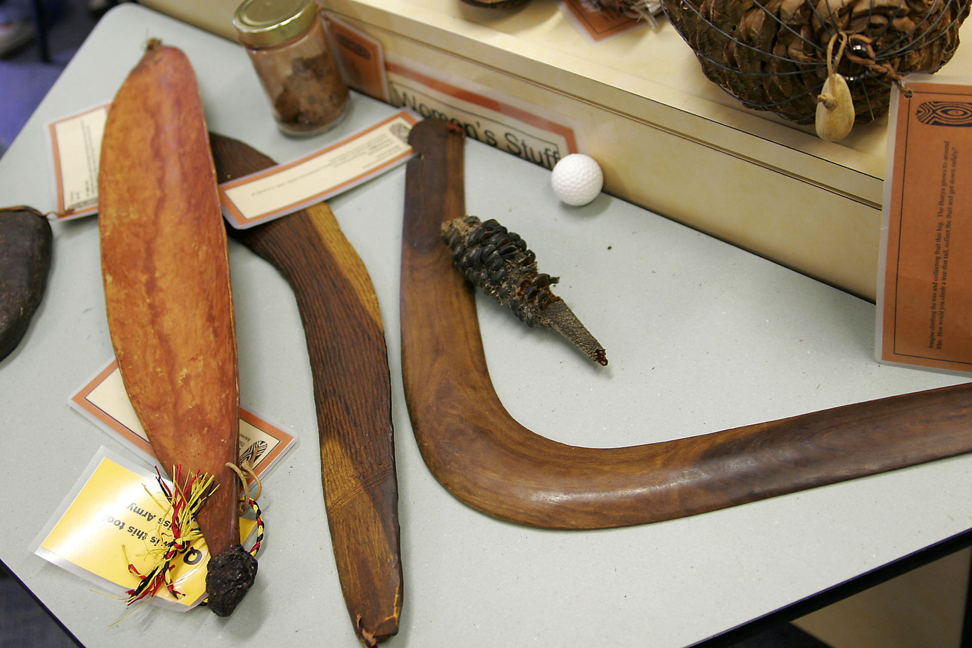 Aboriginal wooden tools, including the woomera.
