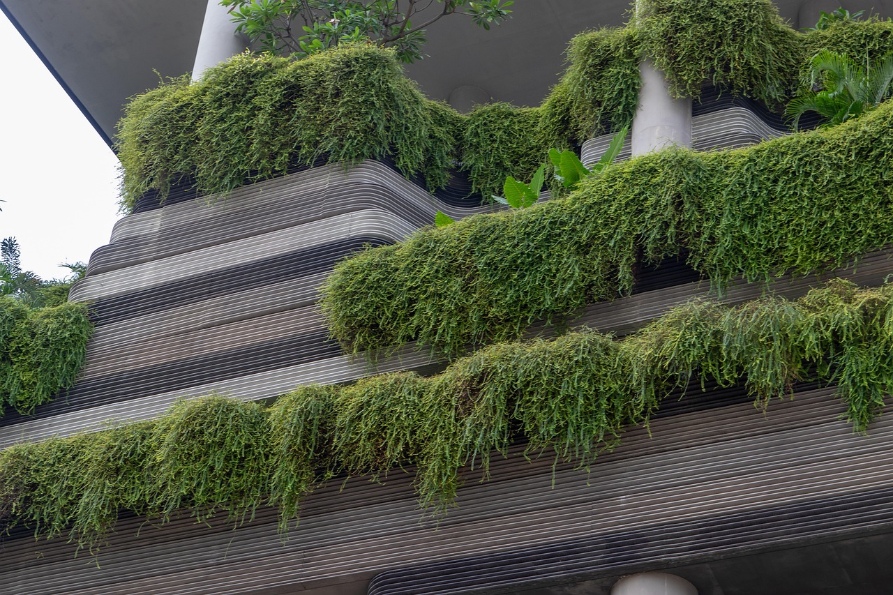 A concrete building covered in plants.